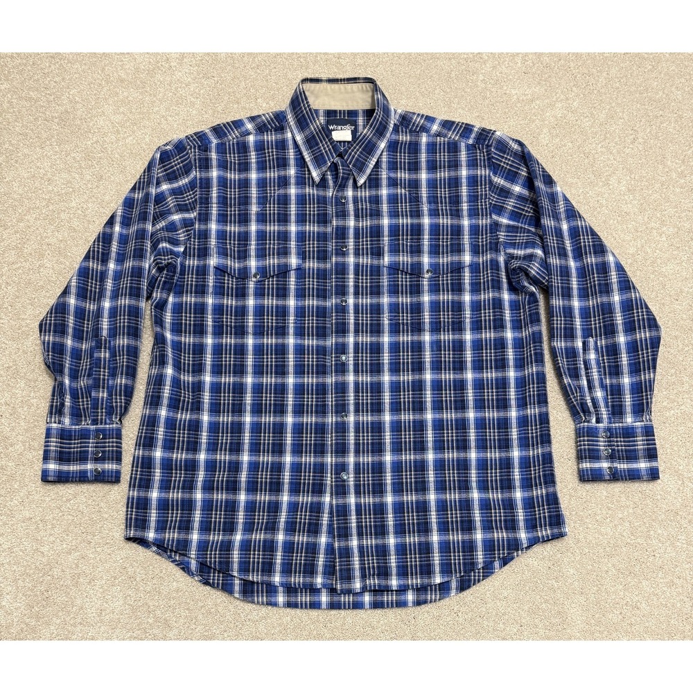 Vintage Wrangler Plaid Shirt Men's 17.5-35 Blue Brushpopper Western Snap 90s